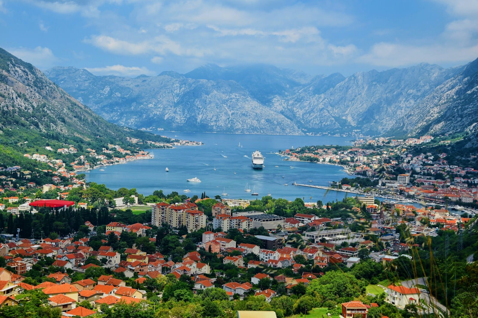 Bay of Kotor with red-roofed Old Town below the mountains